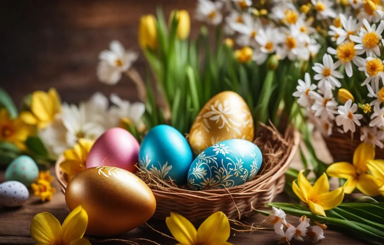 Фото обои цветы, яйца, весна, colorful, Пасха, happy, flowers, spring