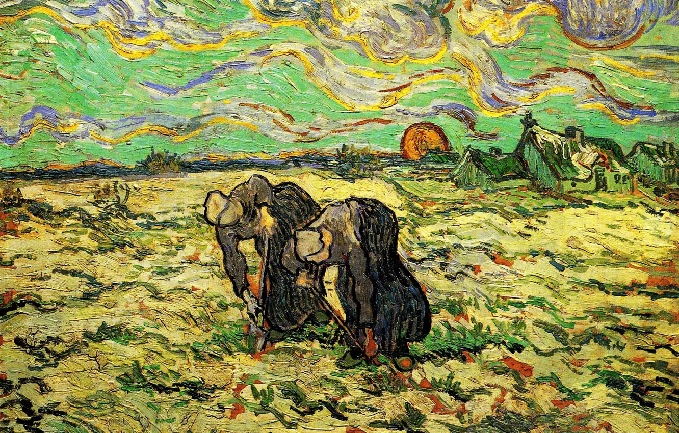 Фото обои солнце, облака, Vincent van Gogh, женщины работают в огороде, Two Peasant, Women Digging in, Field …
