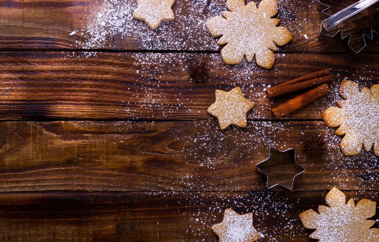 Фото обои звезды, снежинки, праздник, доски, печенье, Рождество, Новый год, корица
