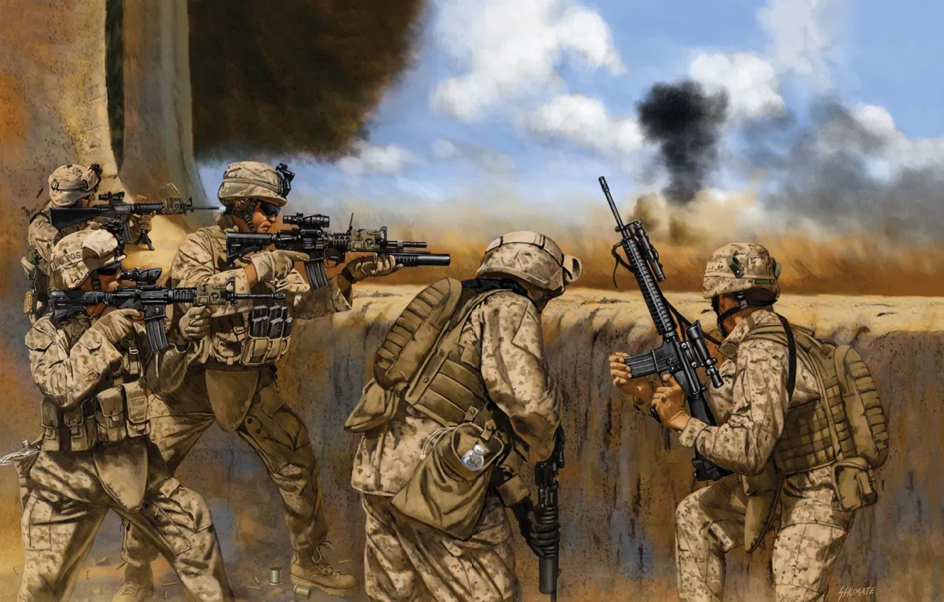 Фото обои оружие, рисунок, бой, арт, солдаты, США, винтовка, экипировка