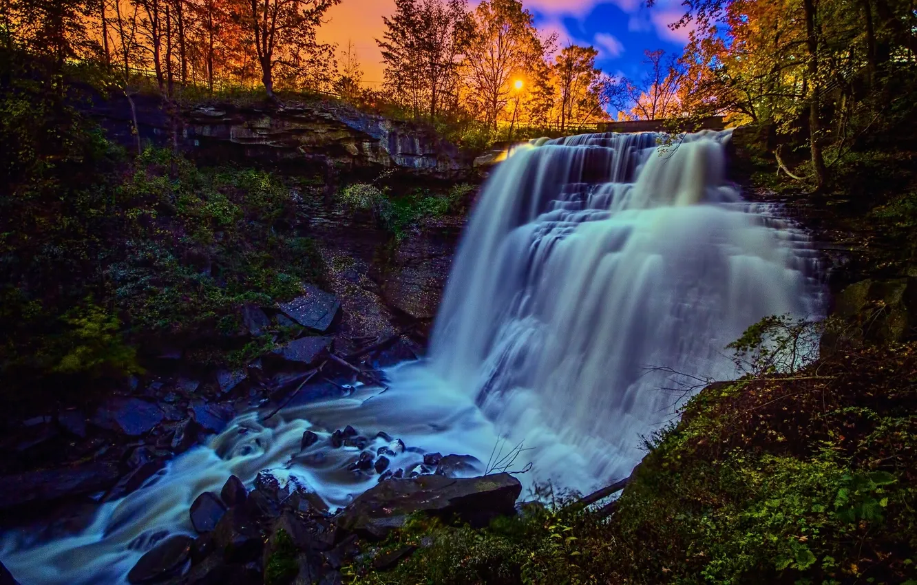 Фото обои закат, водопад, поток, Огайо, Brandywine Falls, Ohio, Cuyahoga Valley National Park