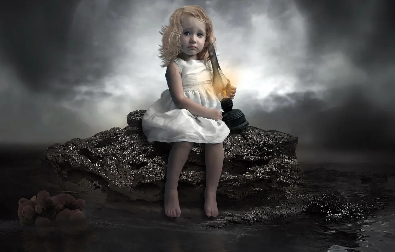 Фото обои dark, moon, Flame, sad, photomanipulation, child, Lamp