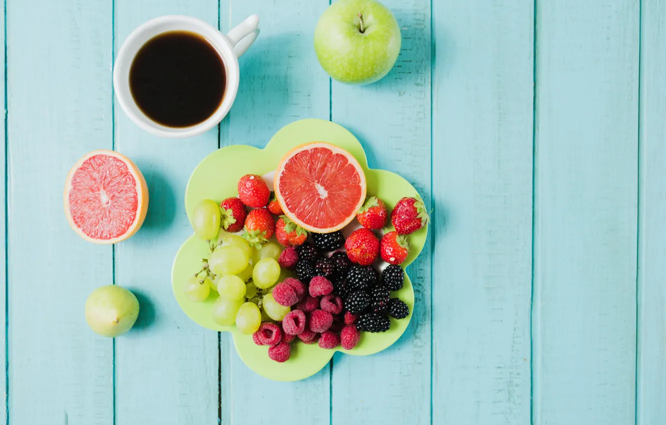 Фото обои ягоды, кофе, завтрак, виноград, фрукты
