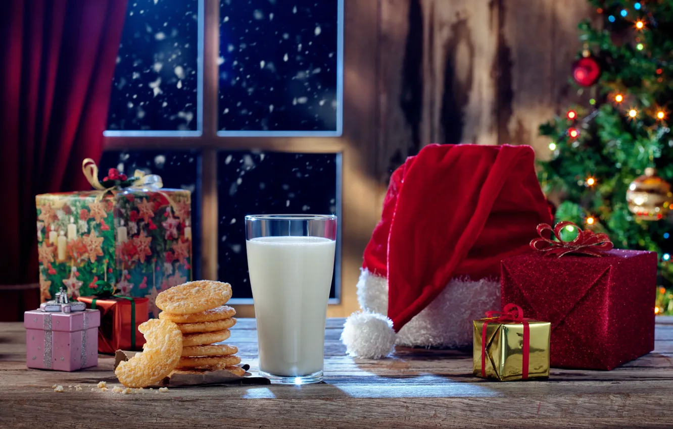 Фото обои Новый Год, Рождество, christmas, balls, merry christmas, gift, milk, cookies