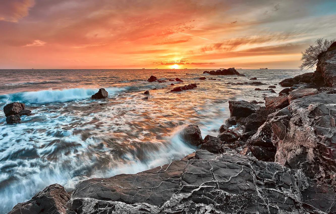 Фото обои море, волны, небо, солнце, облака, пейзаж, закат, природа