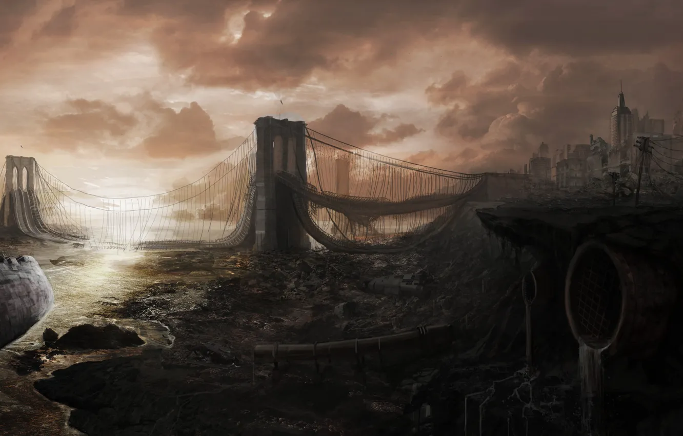 Фото обои мост, город, корабль, разруха, руины, постапокалипсис