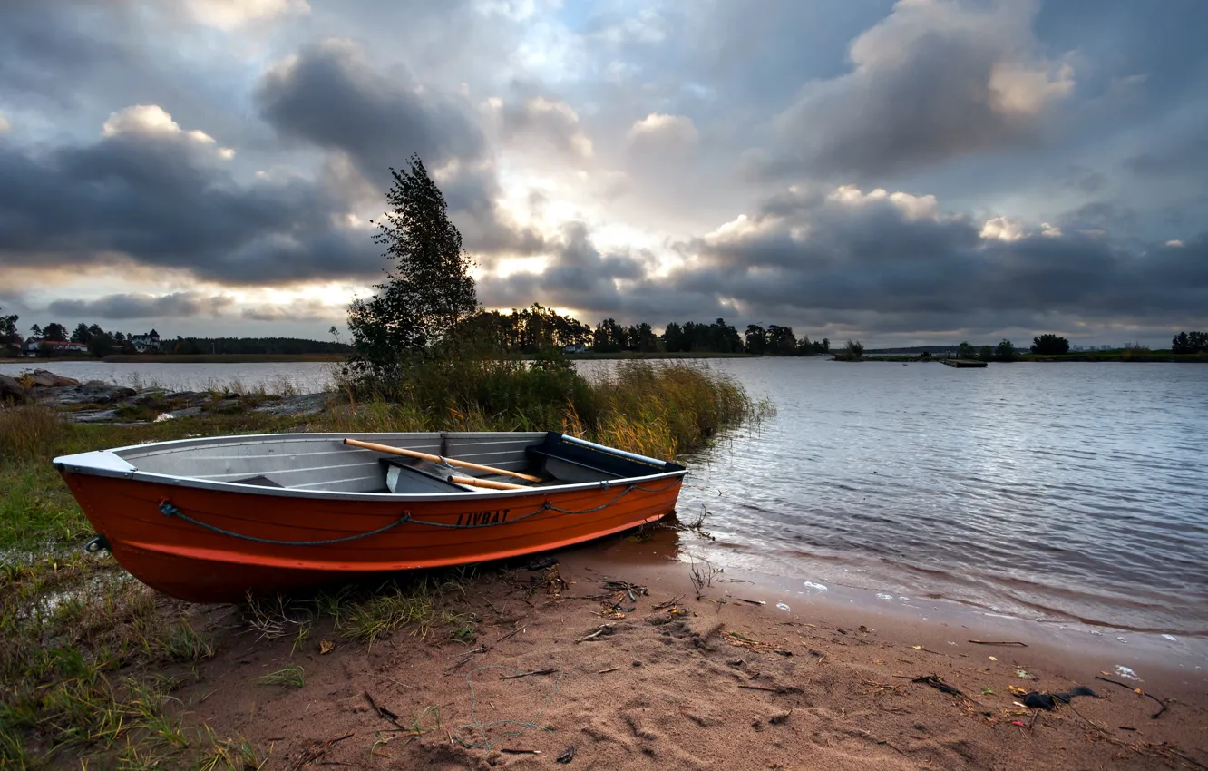 Фото обои пейзаж, река, лодка