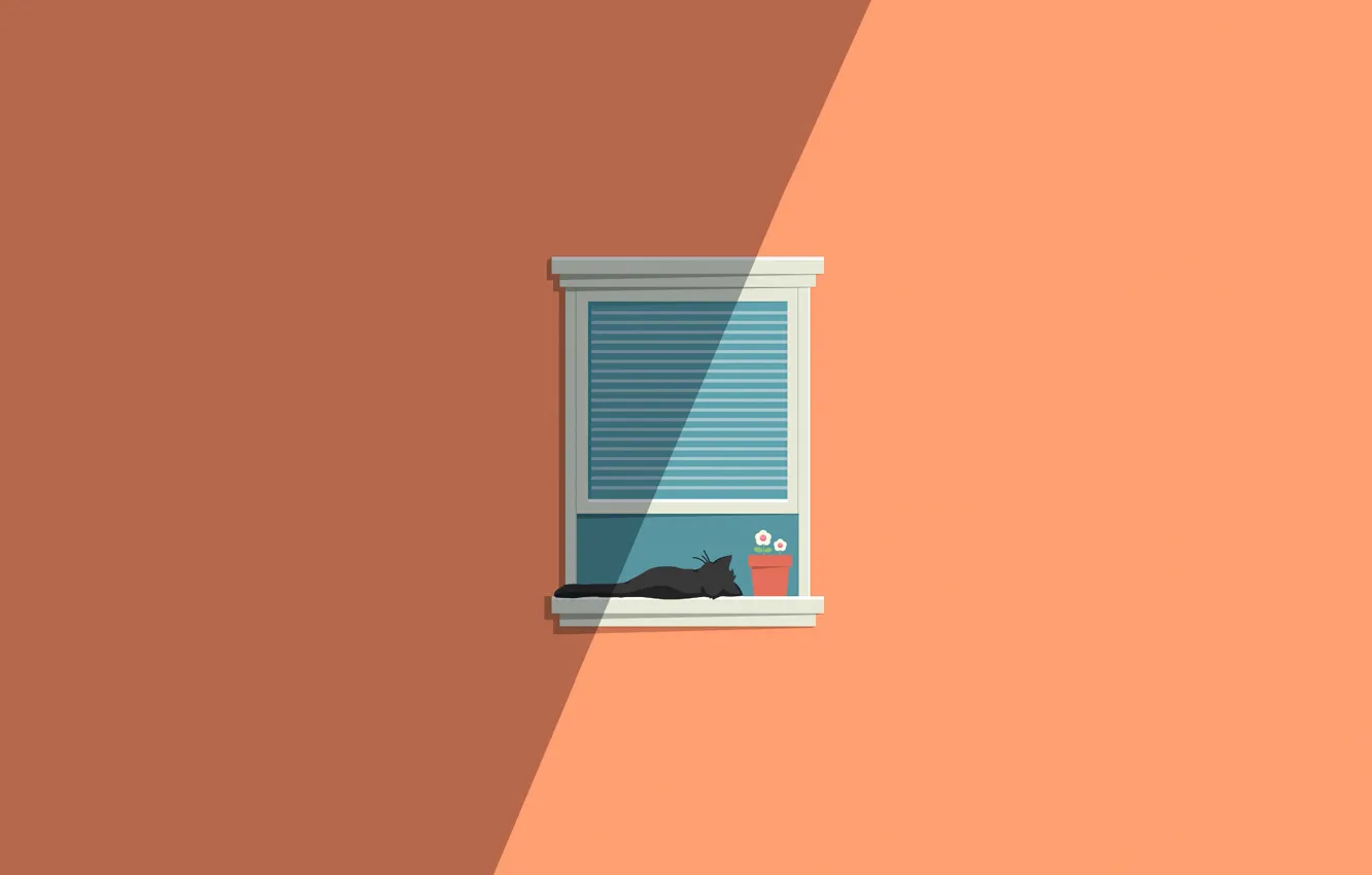 Фото обои minimalism, cat, flowers, digital art, vase, artwork, Window, simple background