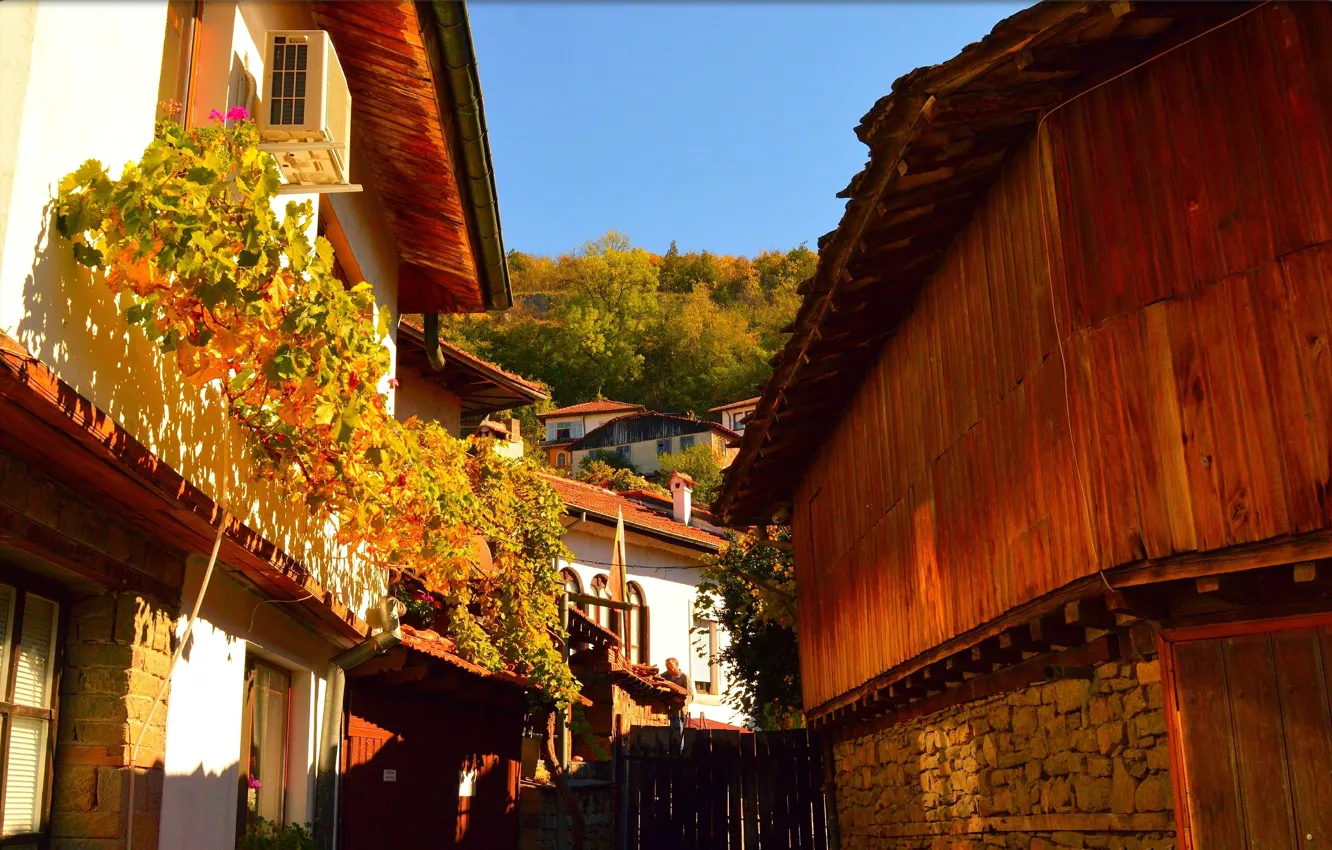 Фото обои Дома, Осень, Деревня, калитка, Autumn, Village, Houses
