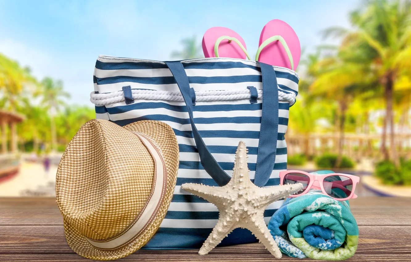 Фото обои пляж, лето, отдых, полотенце, шляпа, очки, summer, сумка