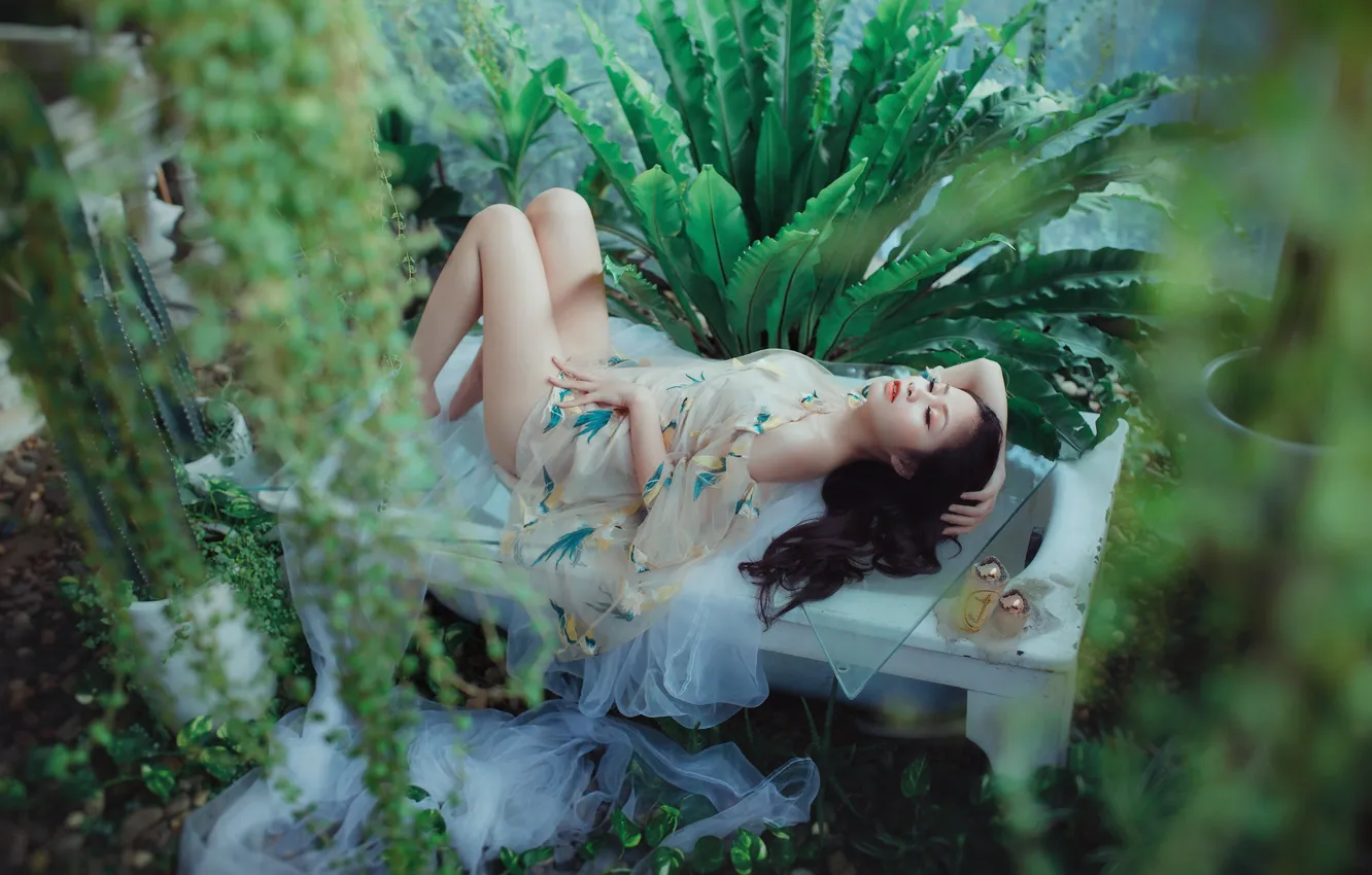 Фото обои девушка, поза, сон, растения, пеньюар, спит, ванна, лежит