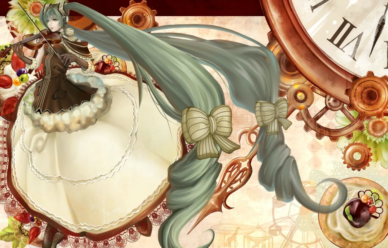 Фото обои цветы, стрелки, скрипка, часы, циферблат, vocaloid, Hatsune Miku, кружево