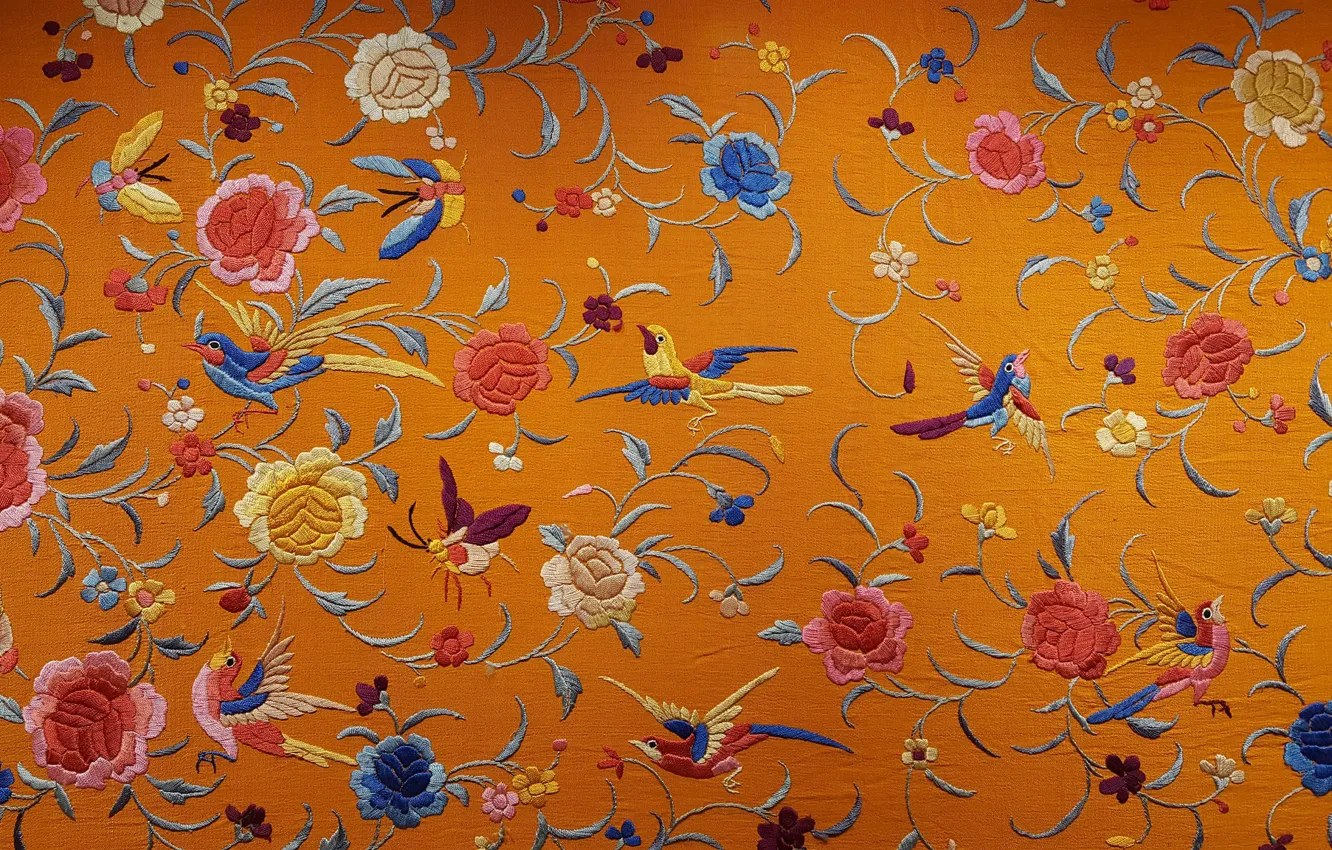 Фото обои цветы, птицы, текстура, ткань, шёлк, вышивка, китайский шёлк