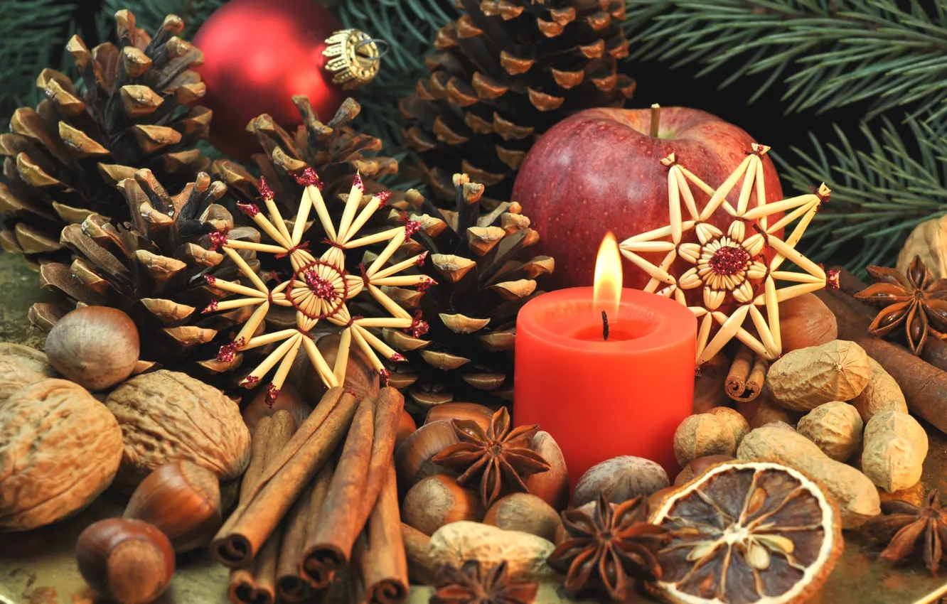 Фото обои новый год, печенье, Рождество, сладости, фрукты, орехи, корица, Christmas