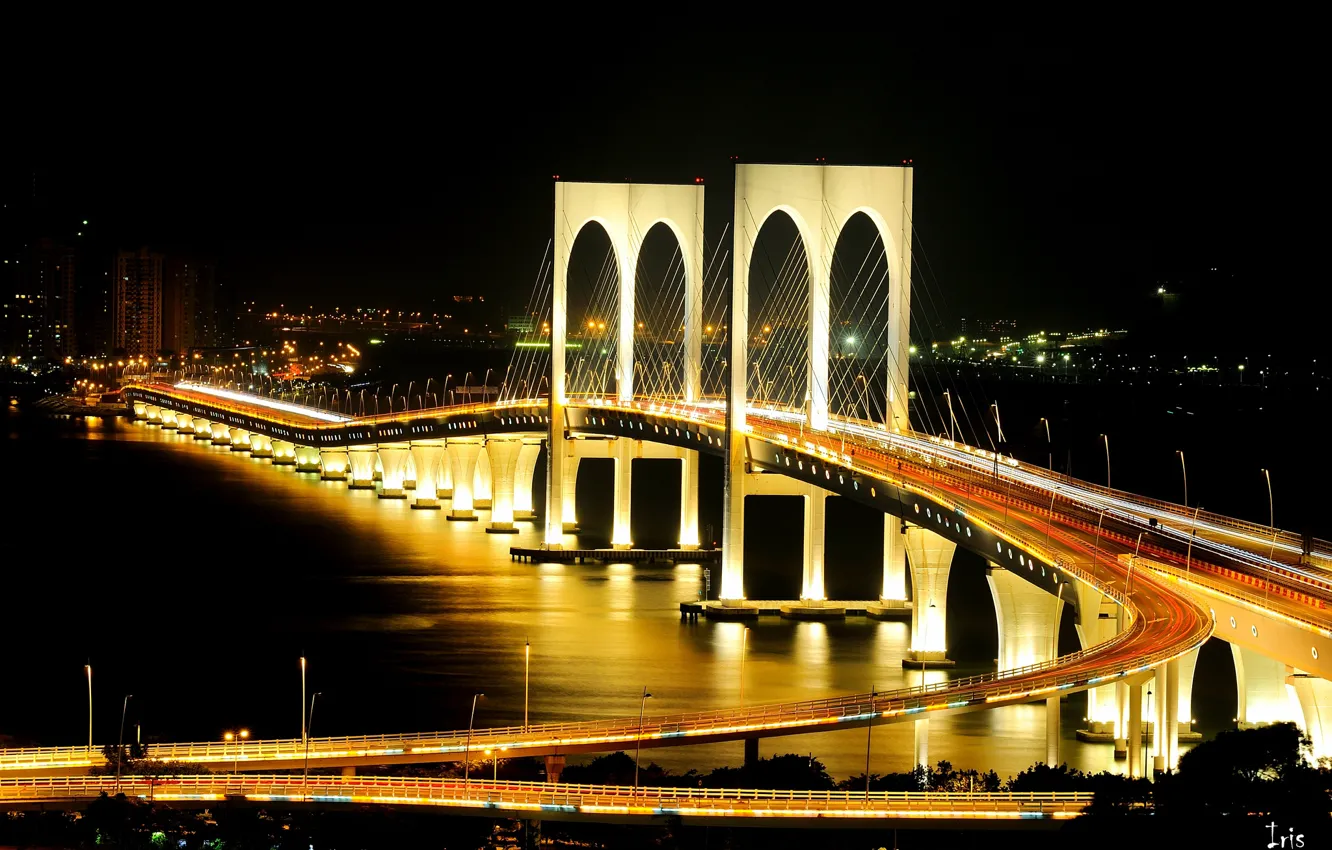 Фото обои дорога, ночь, мост, город, огни, река