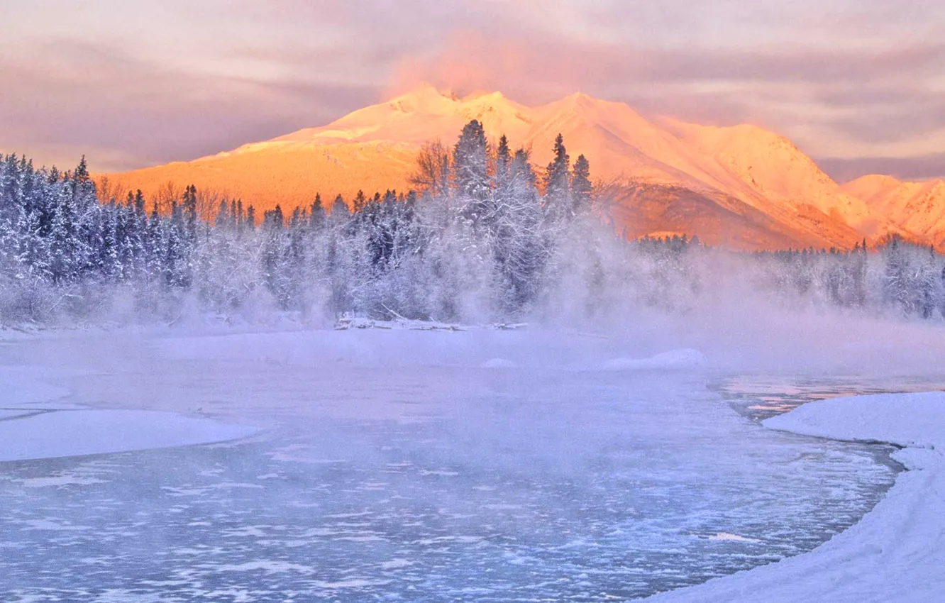 Фото обои зима, снег, деревья, горы, Канада, Британская Колумбия, река Балкли, Телква