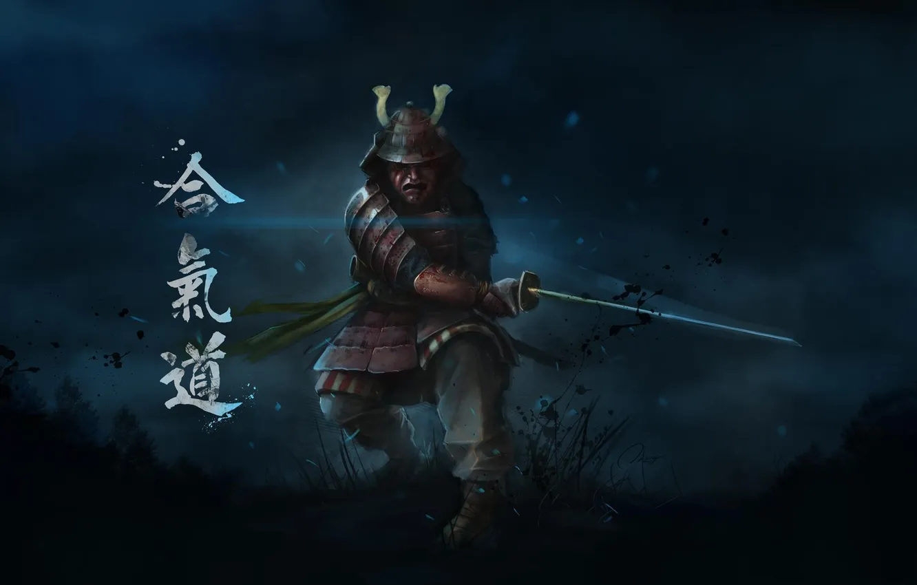 Фото обои трава, ночь, меч, воин, маска, арт, самурай, иероглифы