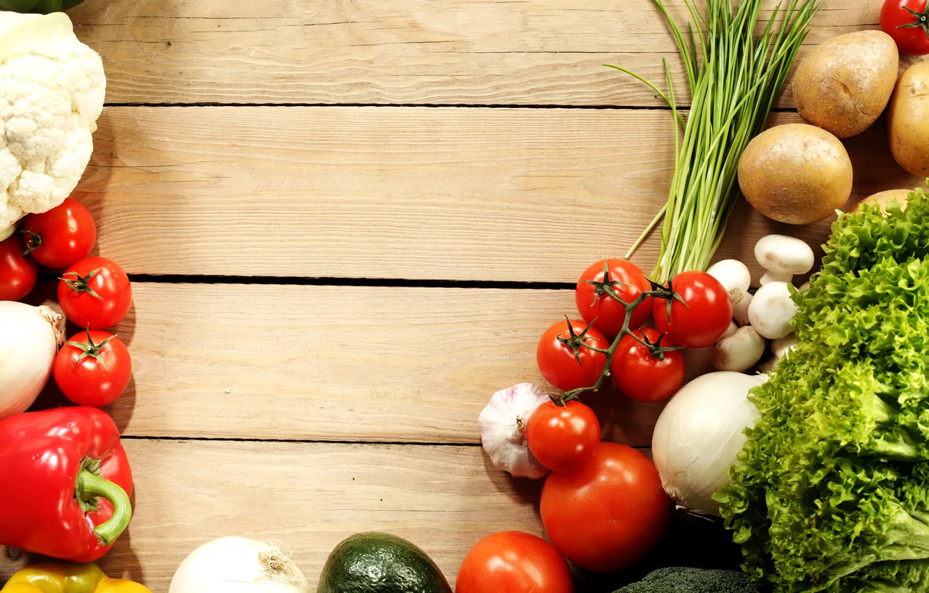 Фото обои лук, перец, овощи, помидоры, капуста, огурцы, картофель, редька