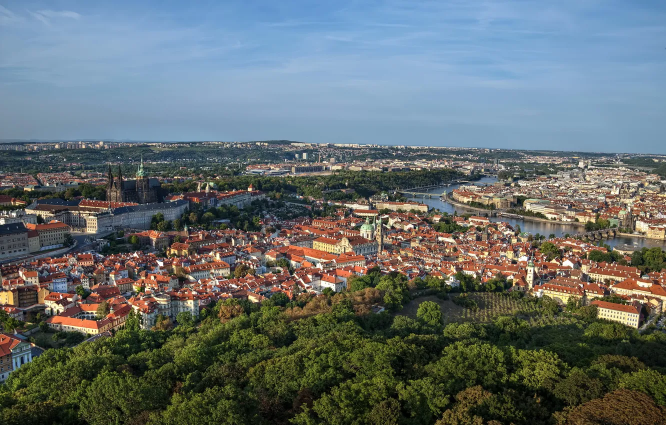 Фото обои деревья, река, дома, Прага, мосты, Czech, Republic, панорама.