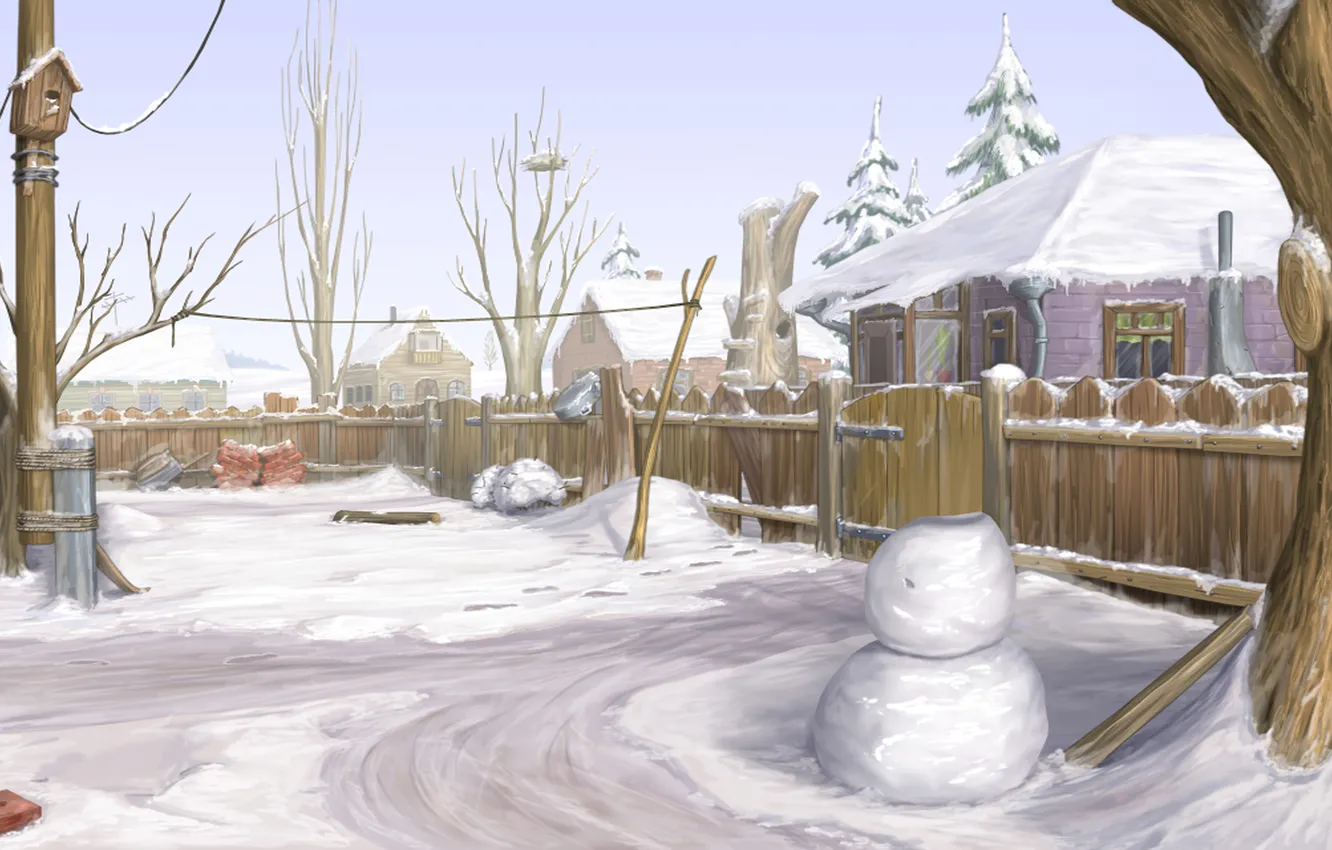 Фото обои зима, снег, деревья, природа, дом, рисунок, забор, house