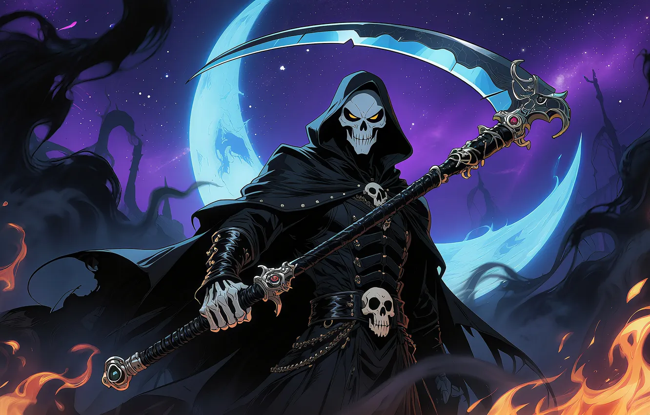 Фото обои skull, night, cemetery, death, scythe