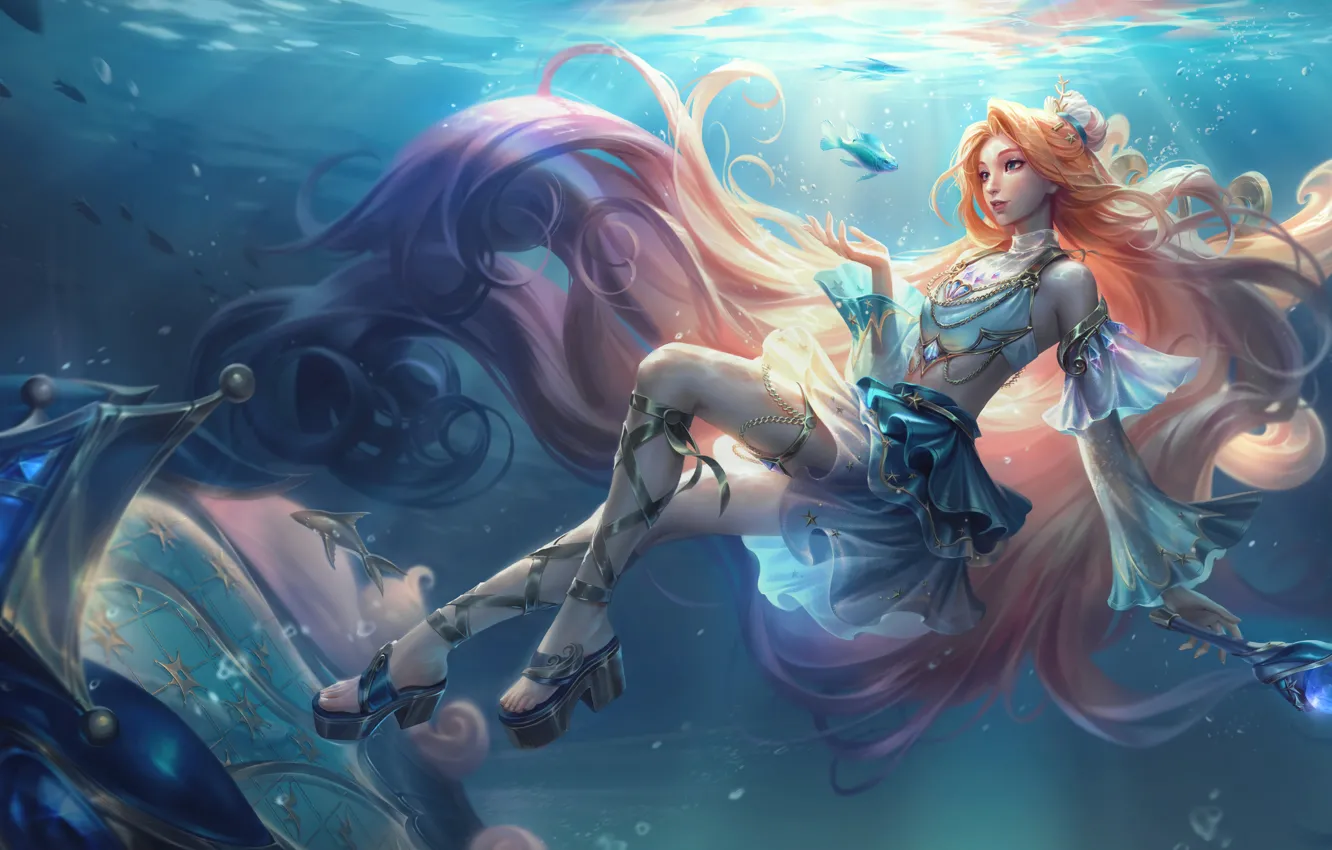 Фото обои Море, Рыбки, Ножки, Арт, Splash, League of Legends, LoL, Artwork