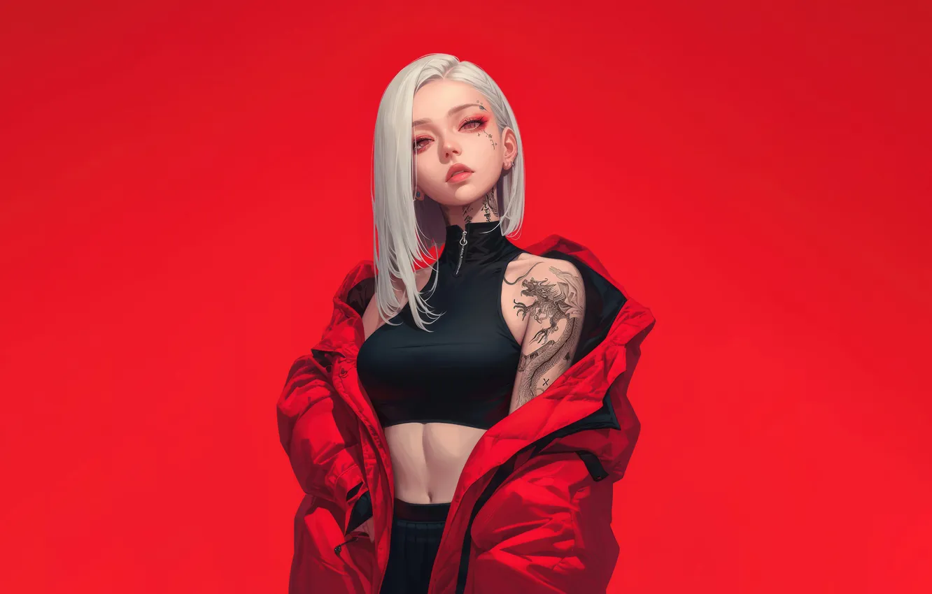 Фото обои Girl, Anime, Tattoo, White Hair, Red Background, Red Clothes, Anime Girl, AI Art