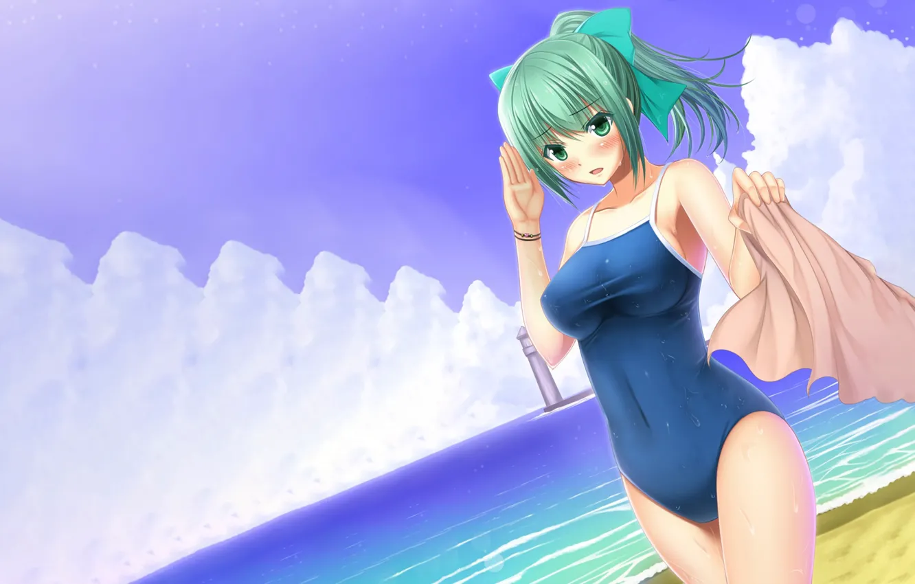 Фото обои girl, sexy, cleavage, beach, long hair, sea, boobs, anime