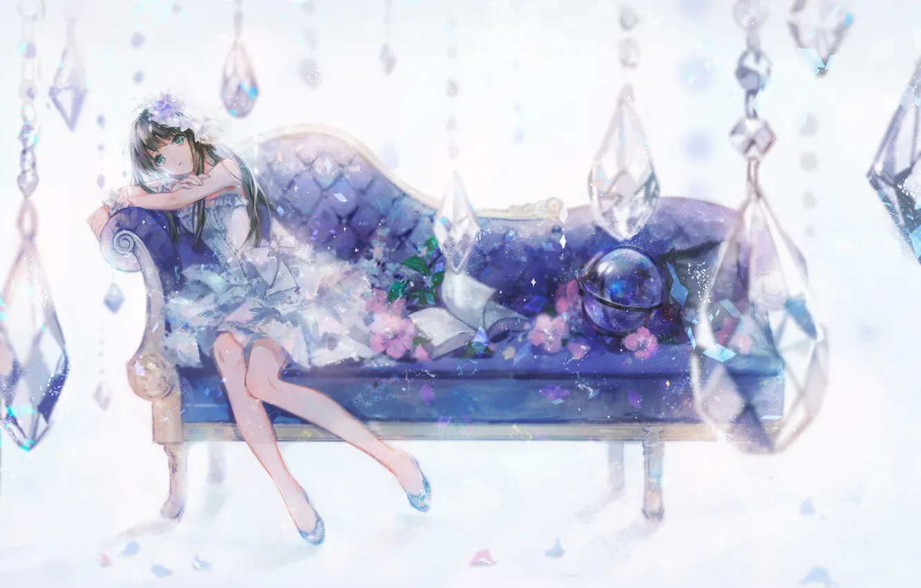 Фото обои девушка, цветы, диван, аниме, арт, книга, idolmaster, shibuya rin