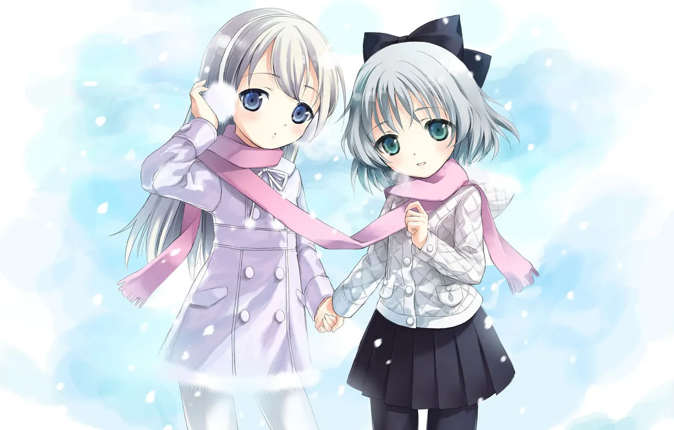 Фото обои зима, аниме, девочка, подруги