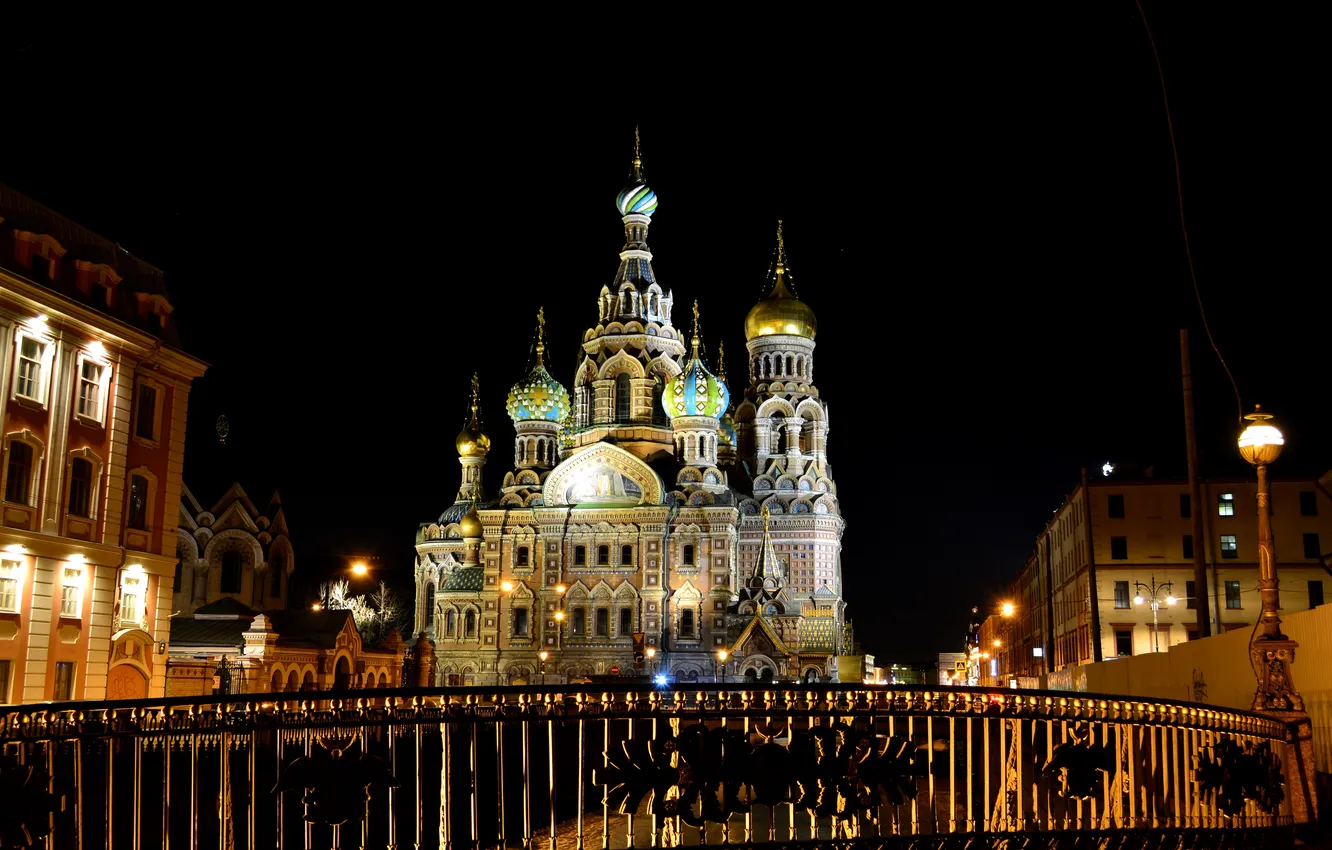 Фото обои ночь, огни, фонари, Санкт-Петербург, церковь, собор, храм, Россия