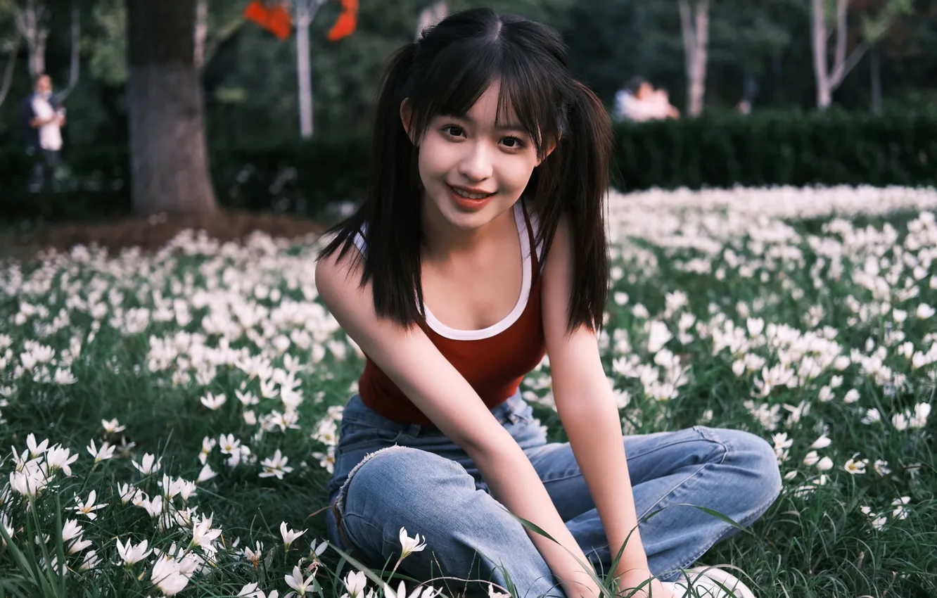 Фото обои Grass, Beautiful, Asian, Model, Flowers, Smile, Lily, Denim