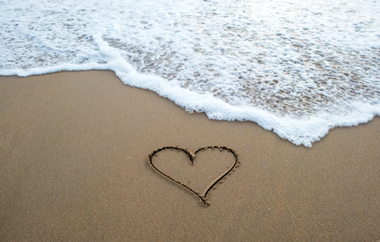 Фото обои песок, море, волны, пляж, природа, сердечко