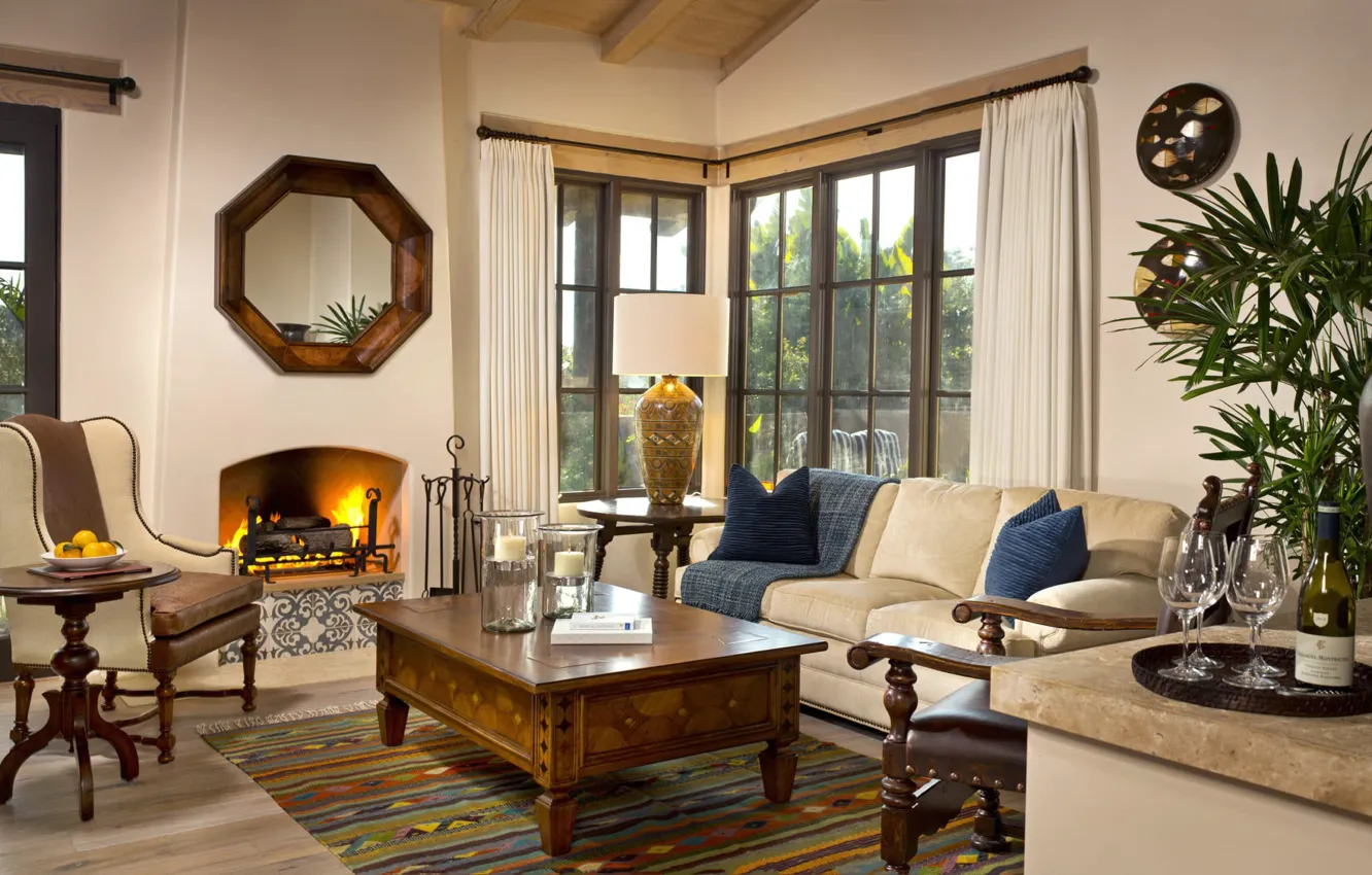 Фото обои интерьер, камин, San Diego, гостиная, Rancho Valencia