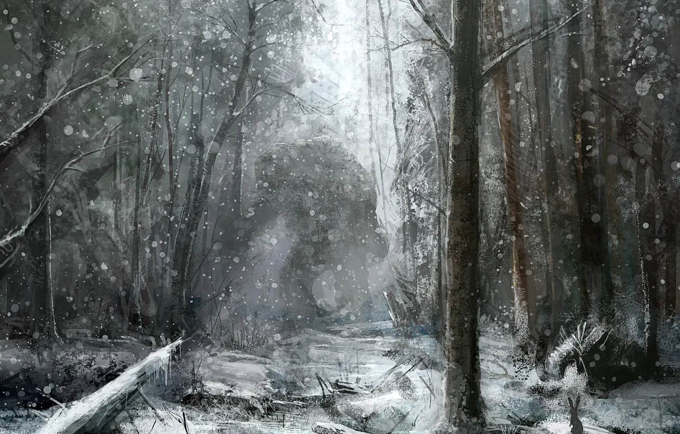 Фото обои лес, снег, рисунок, монстр