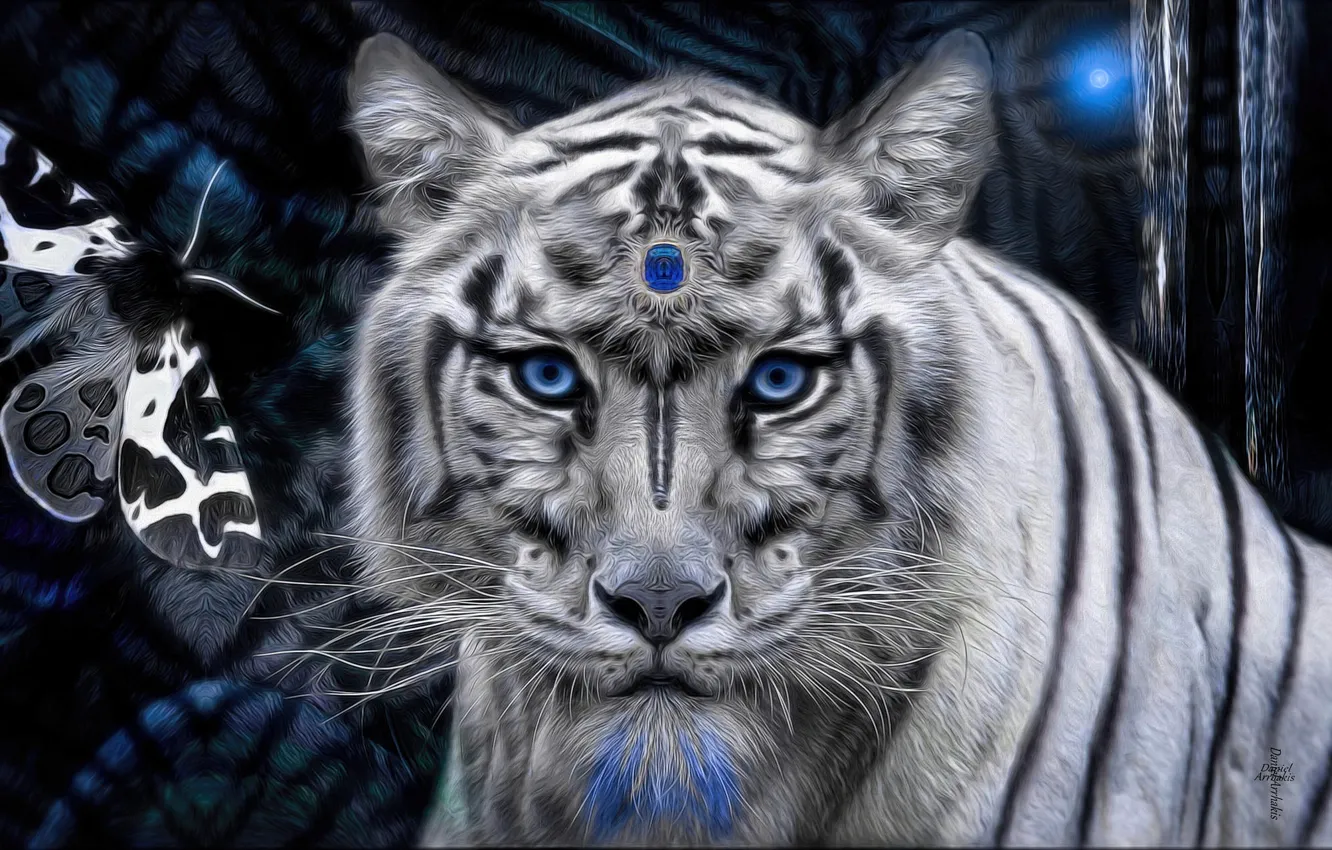 Фото обои белый, тигр, камень, мистика