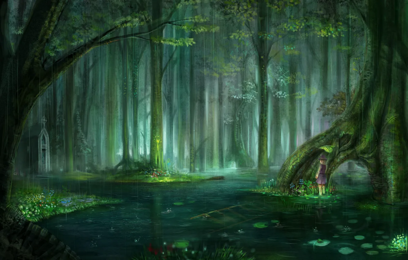 Фото обои лес, вода, капли, дождь, настроение, аниме, погода