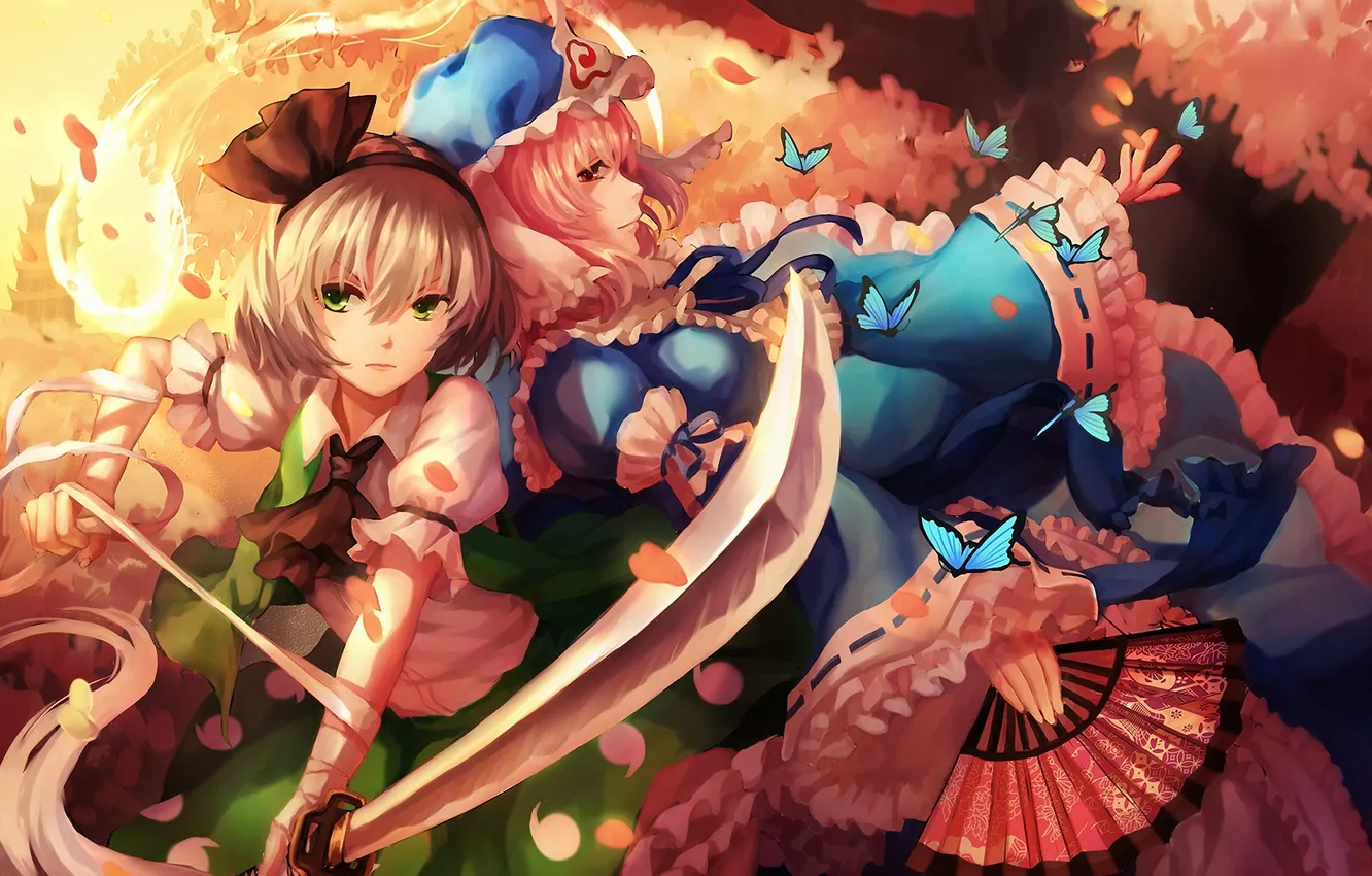 Фото обои бабочки, девушки, меч, веер, арт, touhou, konpaku youmu, saigyouji yuyuko