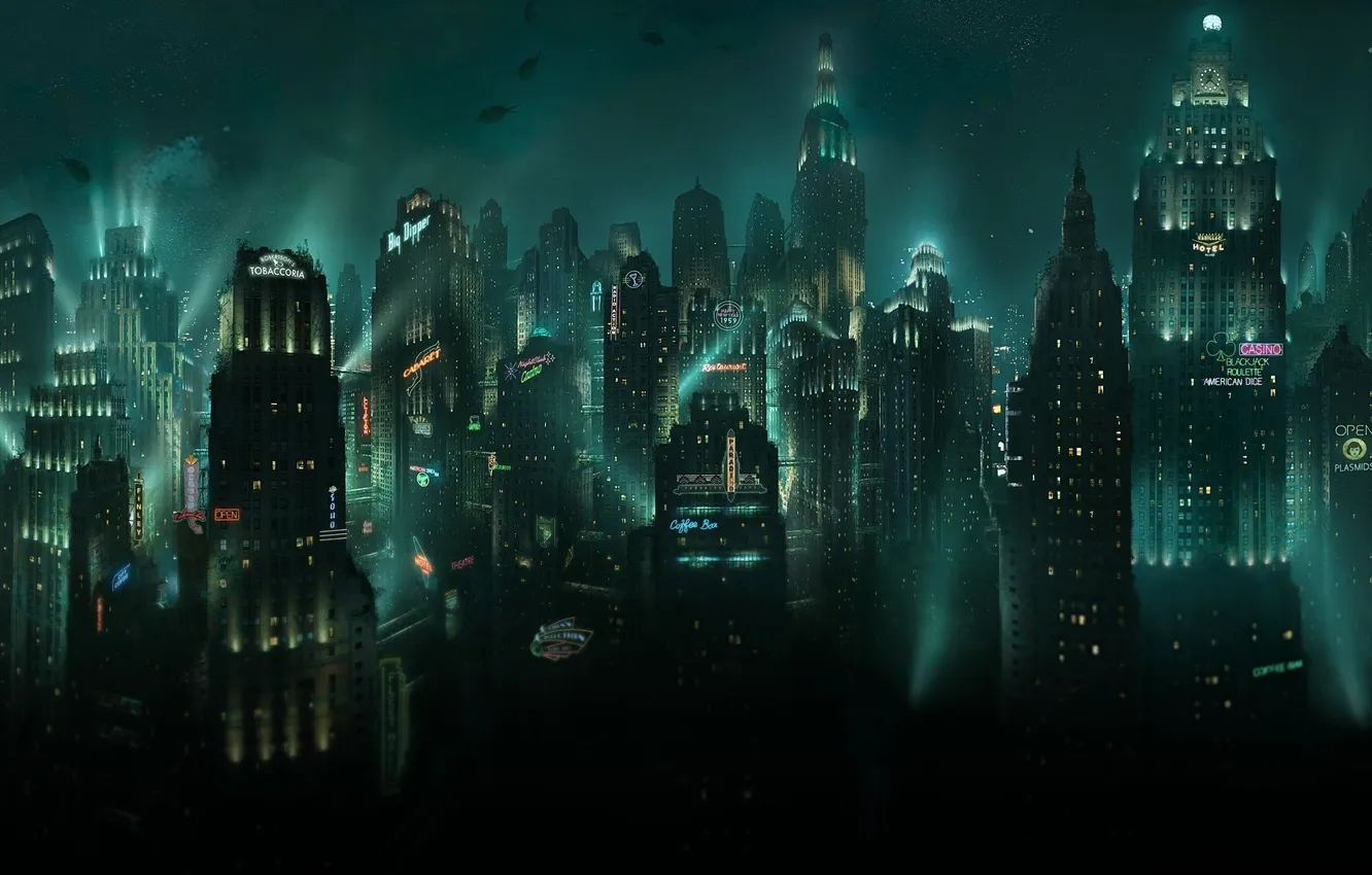 Фото обои рыбы, город, огни, небоскребы, вывески, BioShock, подводный, Восторг
