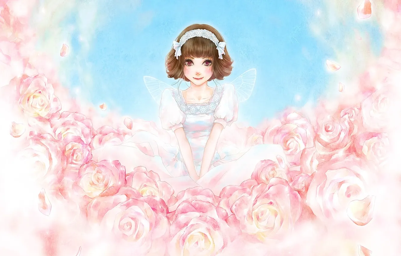 Фото обои рисунок, розы, крылья, аниме, лепестки, платье, девочка, enta shiho