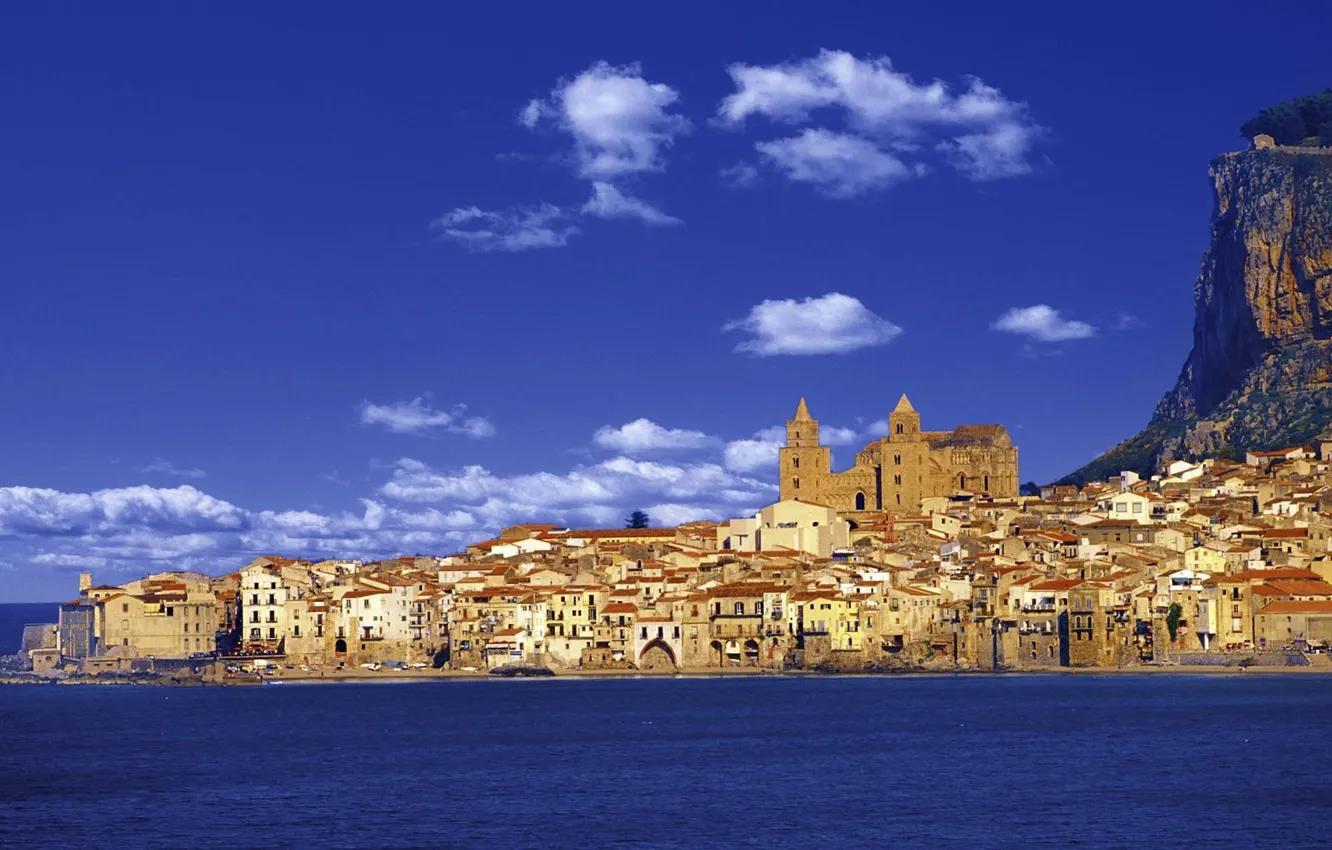 Фото обои rock, sea, landscape, Italy, mountain, houses, church, Sicily