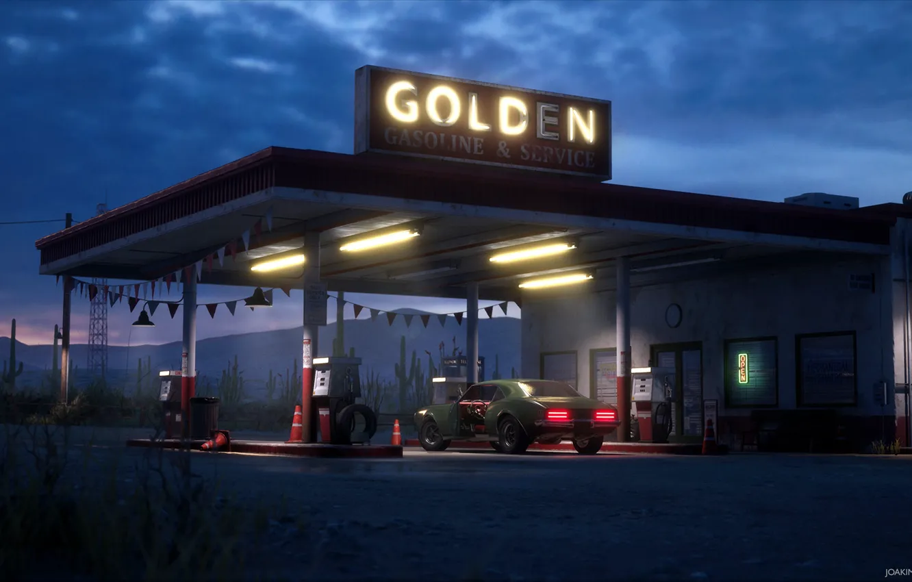 Фото обои ночь, станция, освещение, Desert Gas Station, Golden Gasoline