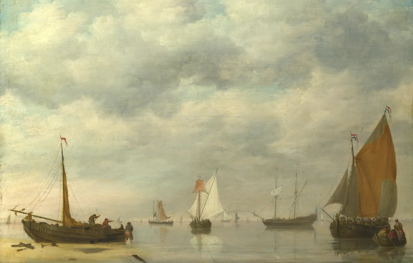 Фото обои картина, парус, морской пейзаж, Jan van Os, Голландские корабли в спокойной воде, Ян ван Ос