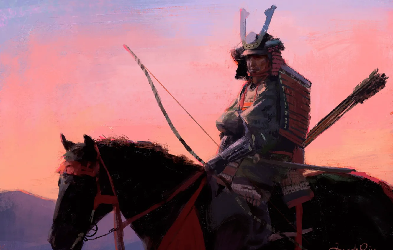 Фото обои лошадь, лук, самурай, шлем, всадник, стрелы