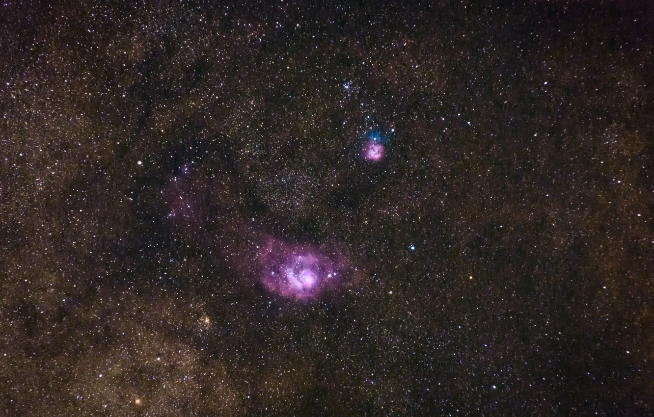 Фото обои космос, туманность, звёзды, Лагуна, в созвездии, Trifid Nebula, Стрельца, трёхдольная