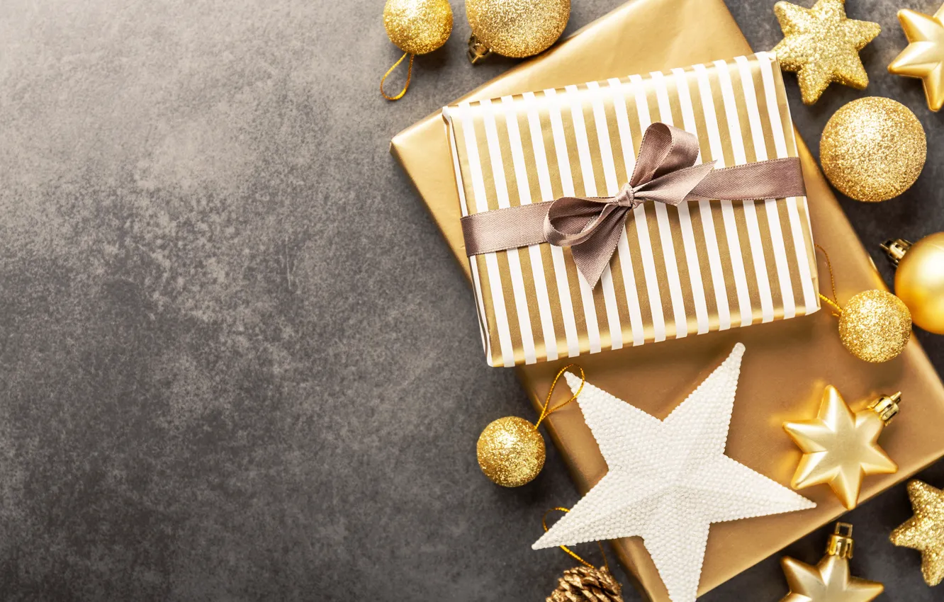 Фото обои украшения, золото, шары, Новый Год, Рождество, подарки, golden, Christmas