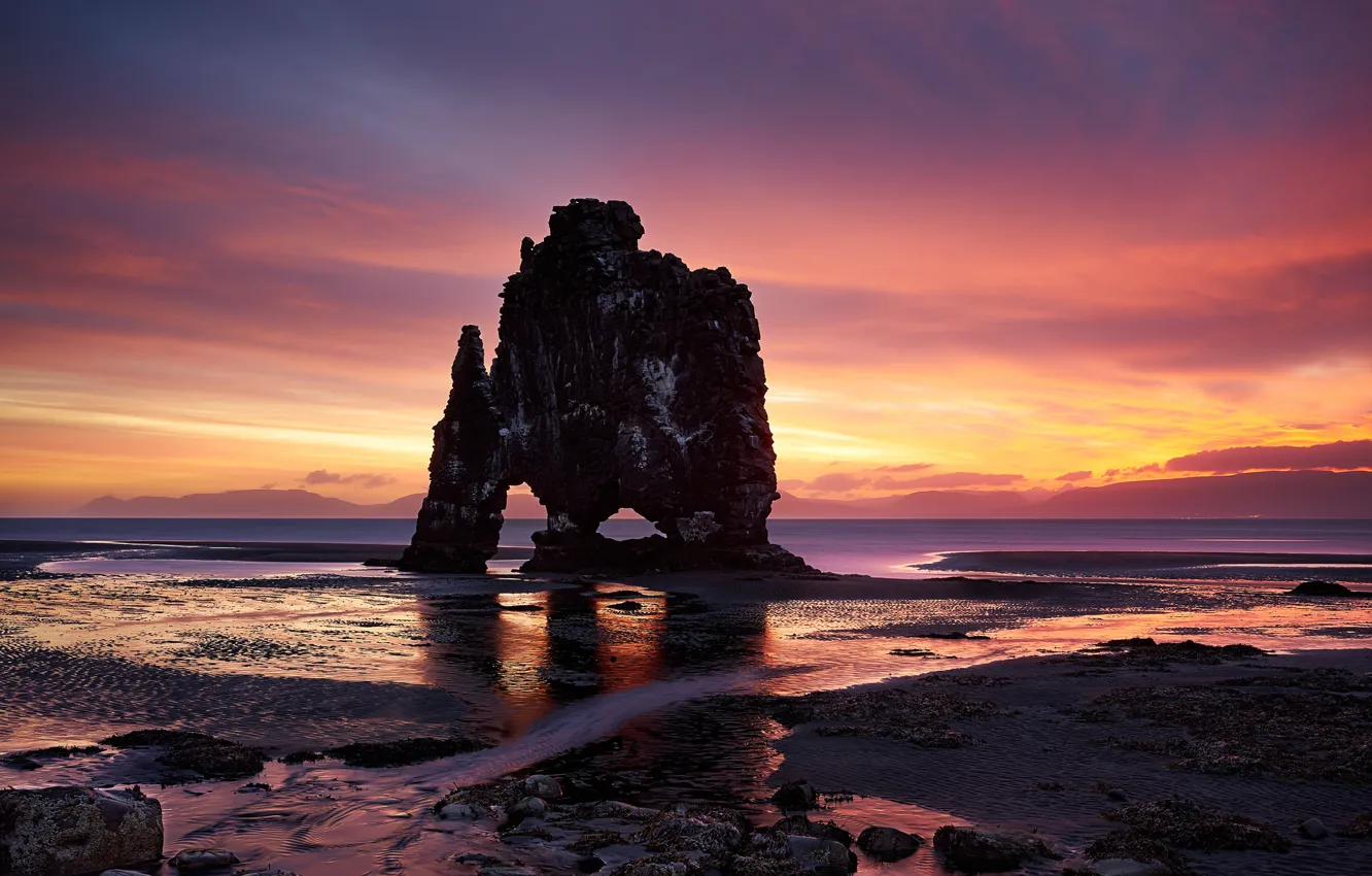 Фото обои вода, скала, восход, Утро, горизонт, Исландия, солнца, Iceland