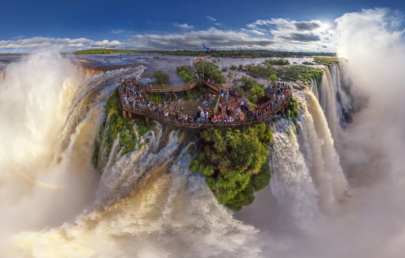 Фото обои green, Argentina, water, Waterfall, Игуасу, Brasil, aerial view, tourists
