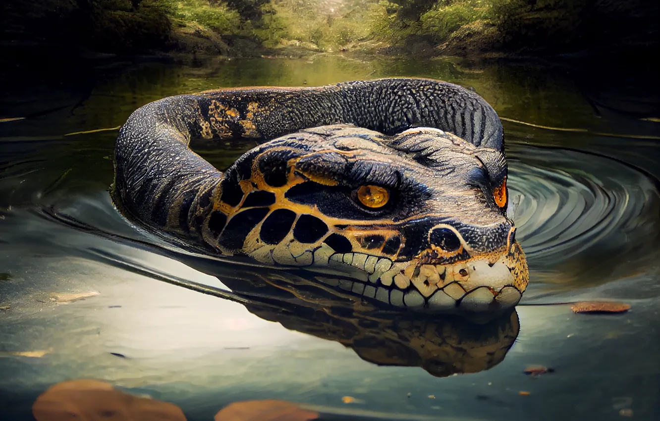 Фото обои Вода, Взгляд, Змея, Деревья, Листья, Рептилия, Животное, Цифровое искусство