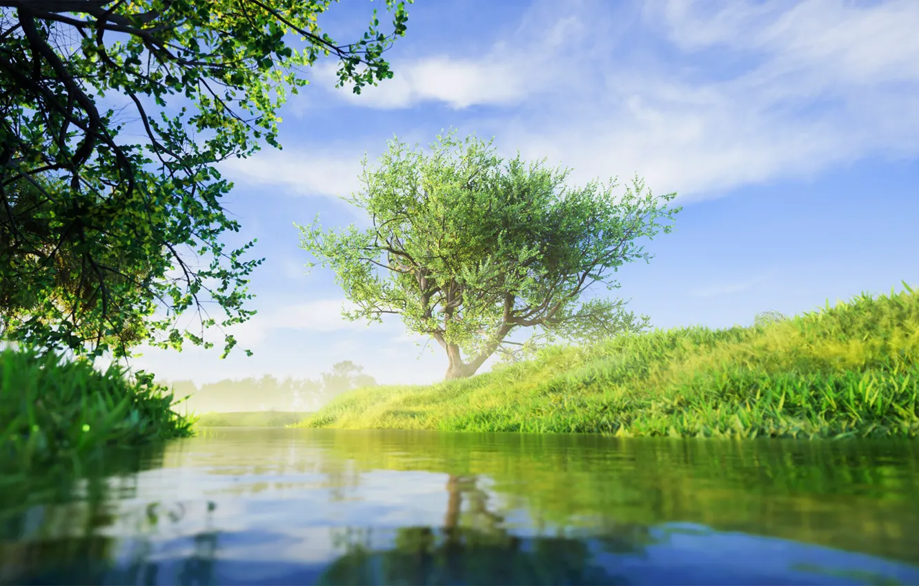 Фото обои river, sky, trees, nature, water, reflection, digital art, artwork
